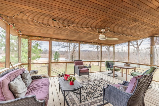 sunroom featuring wood ceiling