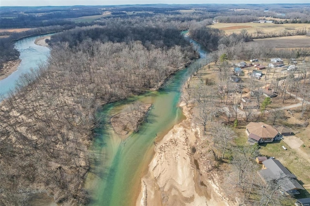 drone / aerial view with a water view and a view of trees