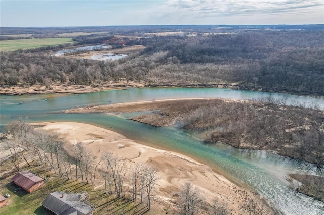 bird's eye view featuring a water view and a view of trees