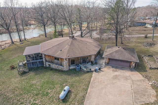 aerial view featuring a water view