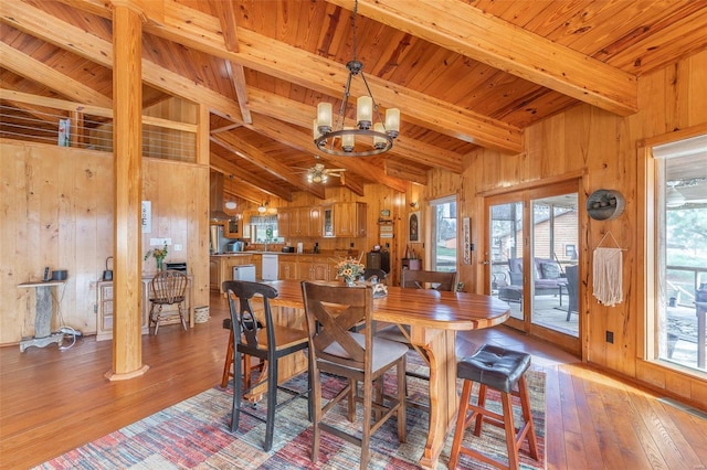 dining area with wood ceiling, beam ceiling, wood walls, and light wood finished floors