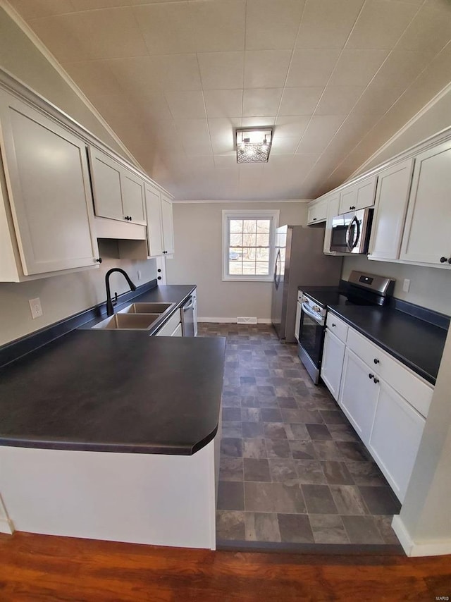 kitchen with white cabinets, dark countertops, appliances with stainless steel finishes, a peninsula, and a sink