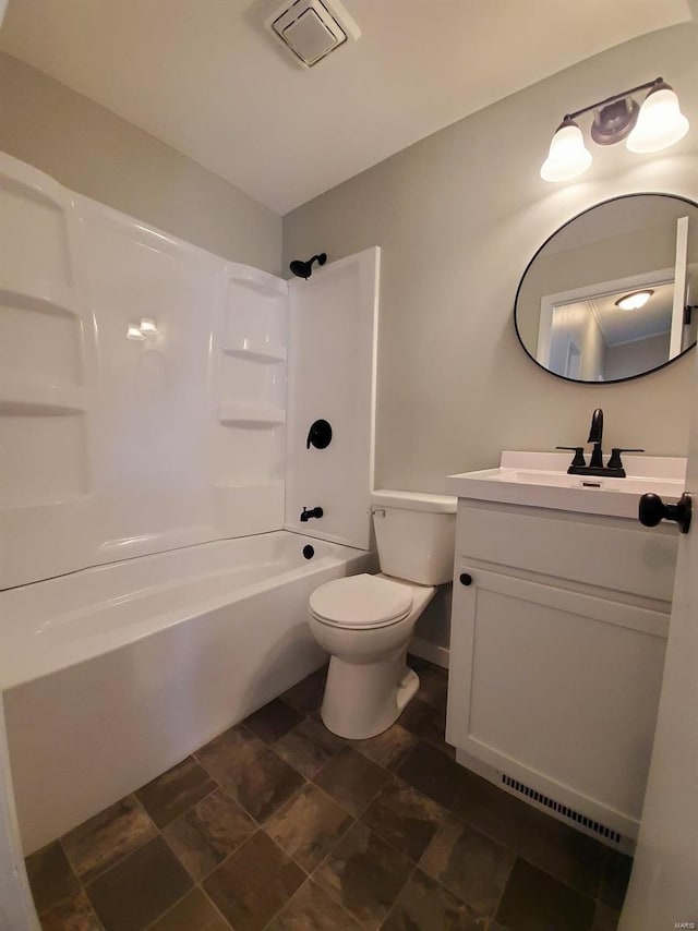 bathroom with toilet, shower / bath combination, visible vents, and vanity