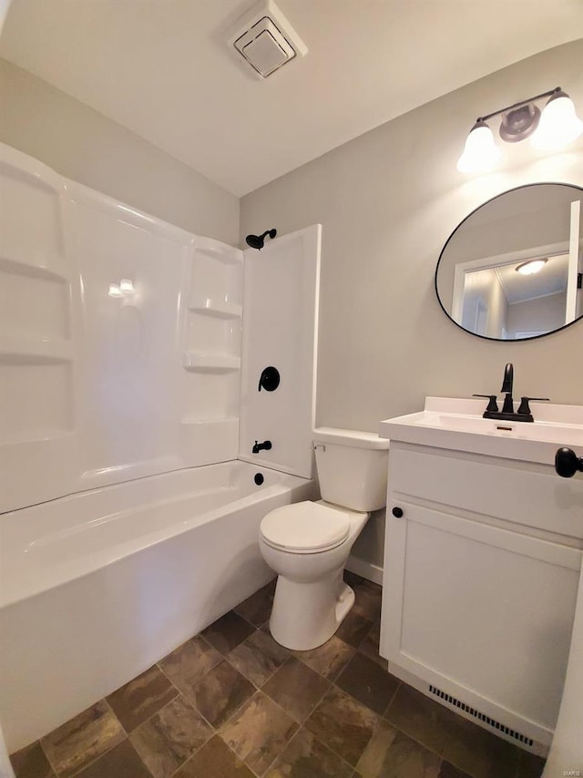 full bathroom with toilet, shower / bath combination, visible vents, and vanity