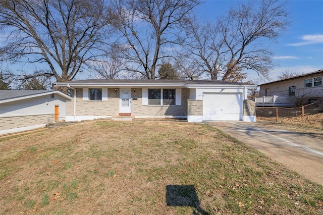 ranch-style home featuring a garage, brick siding, fence, concrete driveway, and a front lawn