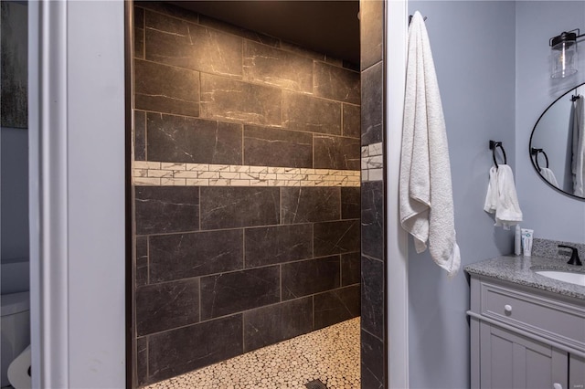 bathroom with vanity, toilet, and a walk in shower