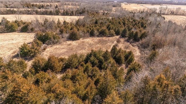 birds eye view of property featuring a wooded view