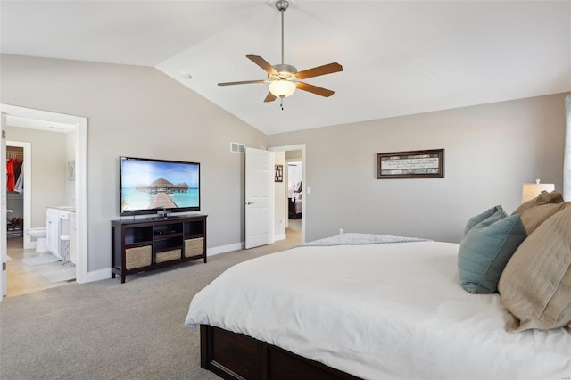 bedroom with visible vents, a ceiling fan, baseboards, lofted ceiling, and light colored carpet