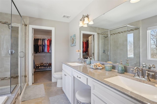 full bathroom featuring a sink, a stall shower, and double vanity