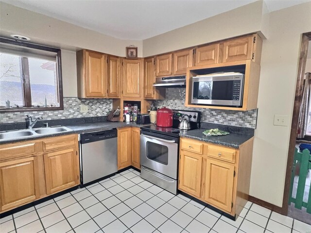 kitchen with appliances with stainless steel finishes, dark countertops, a sink, and under cabinet range hood