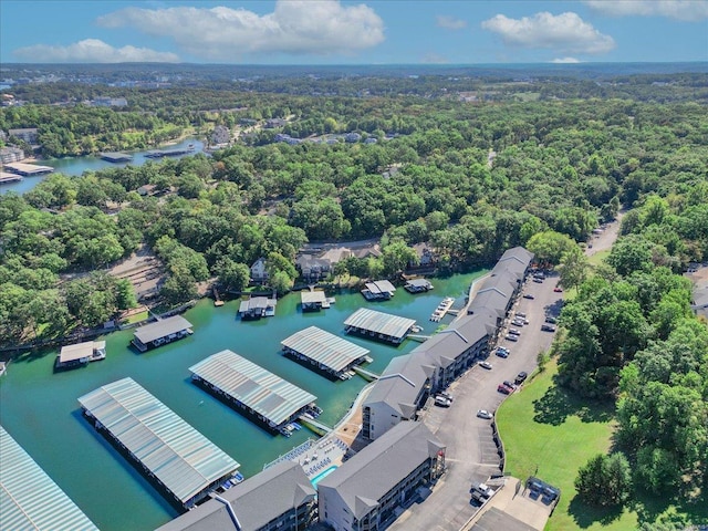 birds eye view of property with a water view and a forest view