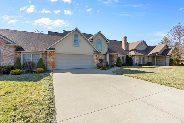 view of front facade with a garage, concrete driveway, stone siding, a front lawn, and stucco siding