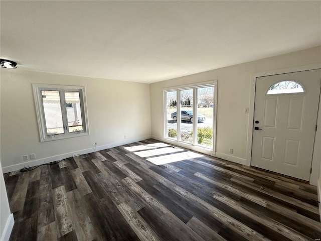 entryway with a wealth of natural light, dark wood finished floors, and baseboards