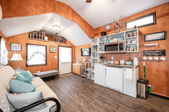 interior space with lofted ceiling, wooden walls, and dark wood-style flooring