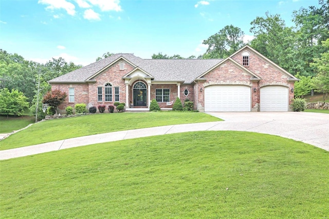 ranch-style home with an attached garage, brick siding, concrete driveway, roof with shingles, and a front lawn