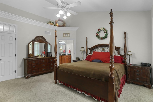 bedroom featuring connected bathroom, light colored carpet, a ceiling fan, baseboards, and visible vents