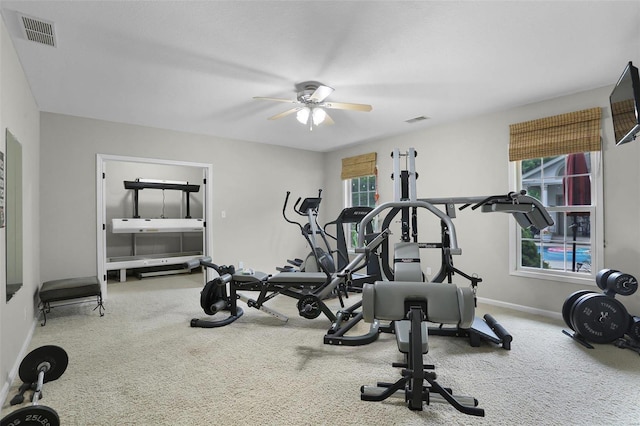 exercise area featuring carpet floors, baseboards, and visible vents