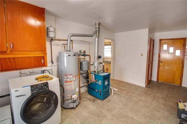 utilities featuring washer / clothes dryer, gas water heater, and a heating unit