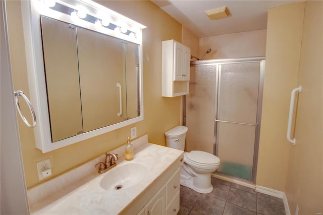 full bathroom with tile patterned flooring, toilet, visible vents, vanity, and a stall shower