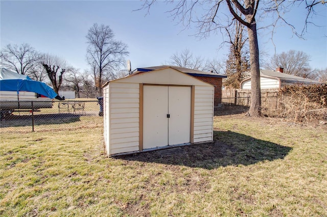 view of shed with a fenced backyard