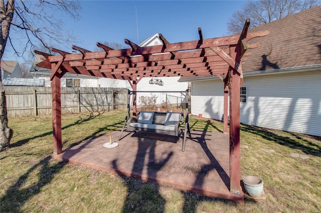 view of patio featuring fence, an outdoor living space, and a pergola