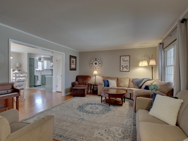 living room with light wood-style floors, plenty of natural light, and crown molding