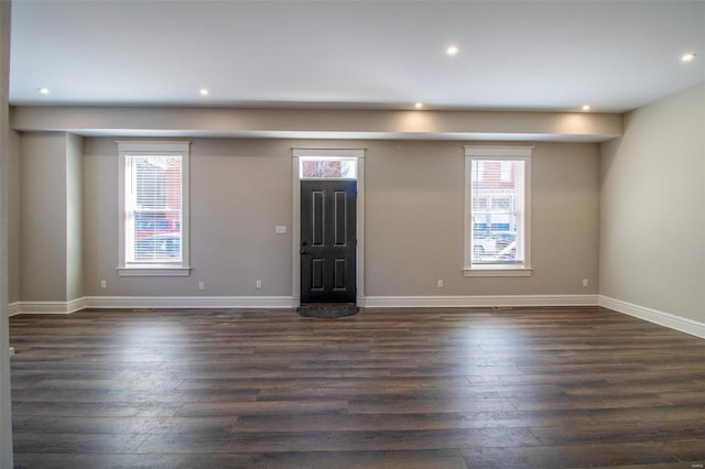 interior space with dark wood-style floors, plenty of natural light, and baseboards