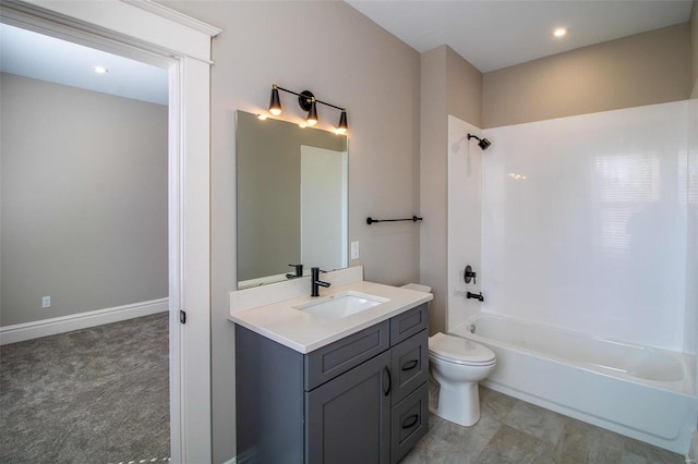 full bathroom with recessed lighting, toilet, vanity, shower / tub combination, and baseboards