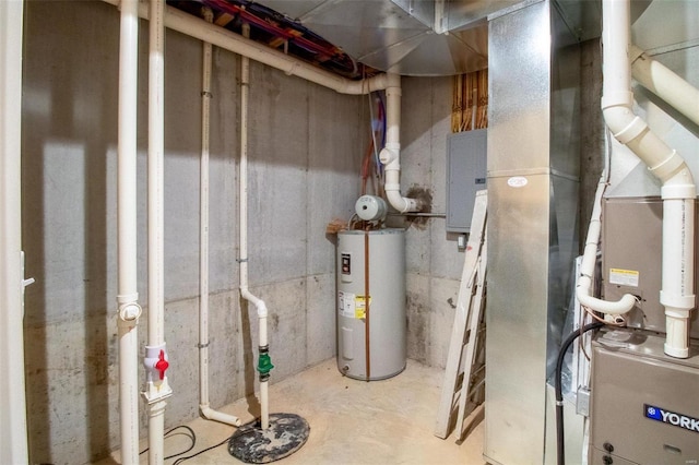 utility room with electric panel and water heater