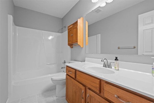 bathroom featuring shower / bath combination, visible vents, toilet, tile patterned floors, and vanity