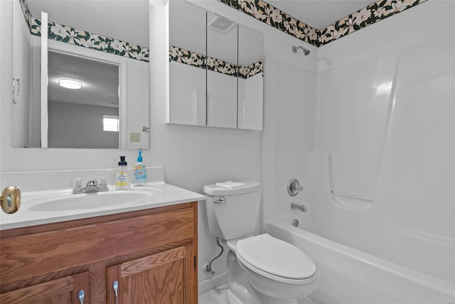 bathroom with visible vents, toilet, a textured ceiling, vanity, and washtub / shower combination