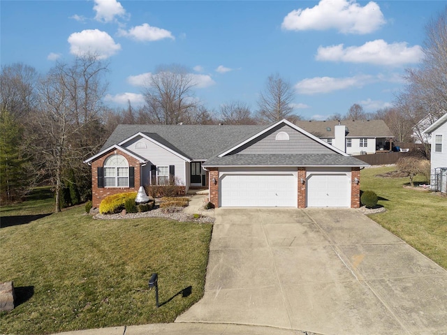 ranch-style house featuring driveway, a garage, roof with shingles, a front lawn, and brick siding