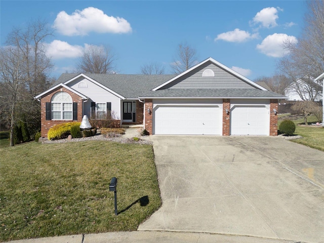 ranch-style home with driveway, an attached garage, a front lawn, and brick siding