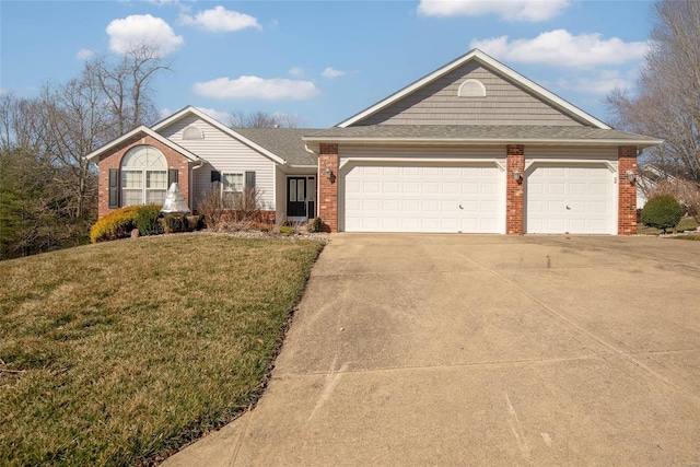 single story home featuring an attached garage, a front yard, concrete driveway, and brick siding