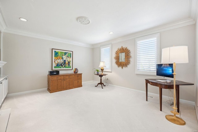 office space with recessed lighting, baseboards, light carpet, and ornamental molding