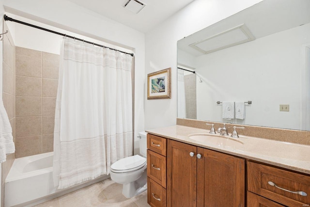 full bathroom with vanity, visible vents, tile patterned floors, toilet, and shower / tub combo with curtain