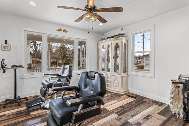 office with dark wood-type flooring, recessed lighting, a ceiling fan, and baseboards