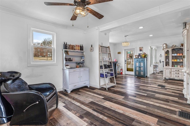 sitting room with ornamental molding, a wealth of natural light, dark wood-style flooring, and visible vents