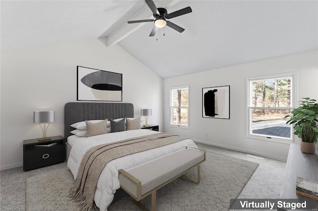 bedroom featuring carpet flooring, vaulted ceiling with beams, baseboards, and ceiling fan