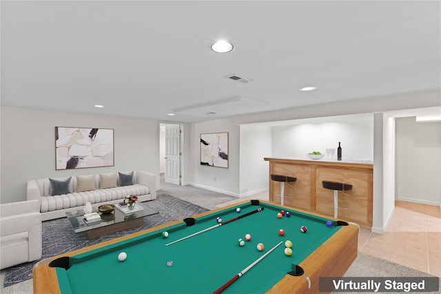 game room featuring a bar, tile patterned flooring, visible vents, and recessed lighting