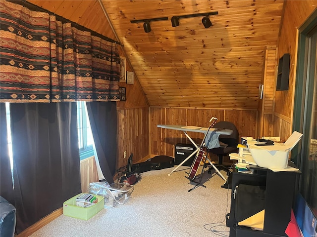 interior space with carpet floors, wood ceiling, wooden walls, and vaulted ceiling