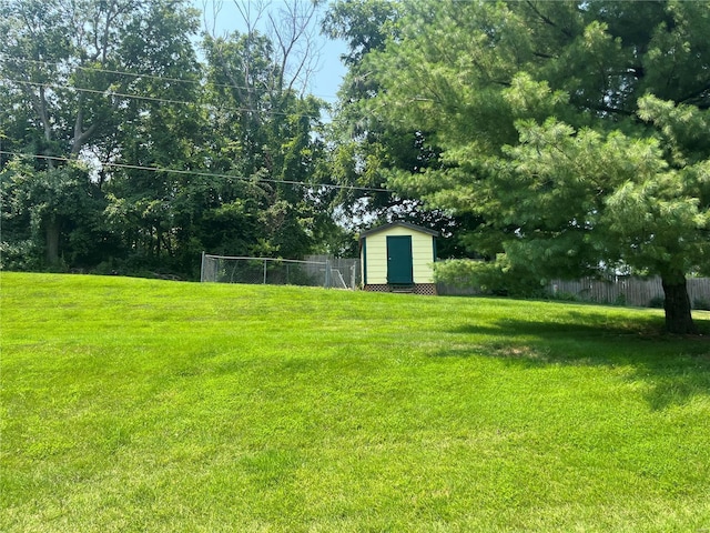 view of yard featuring fence, a storage unit, and an outdoor structure