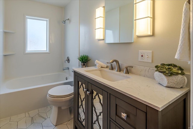 full bathroom featuring toilet, shower / tub combination, and vanity