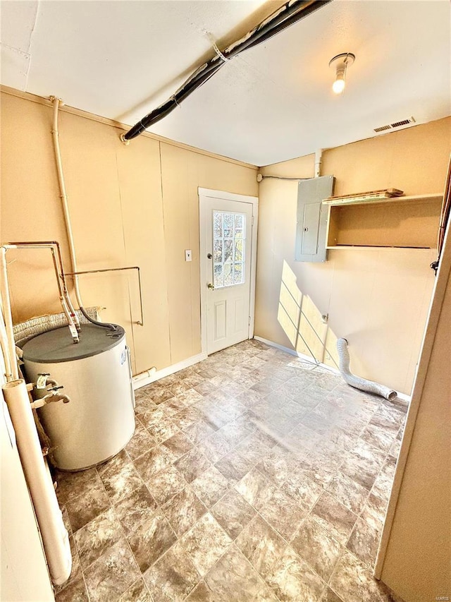 bathroom with electric panel, visible vents, and water heater