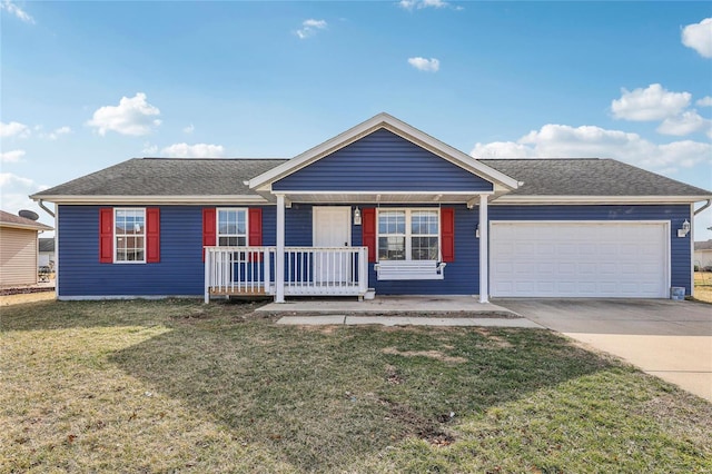 ranch-style home featuring a porch, an attached garage, a shingled roof, concrete driveway, and a front lawn