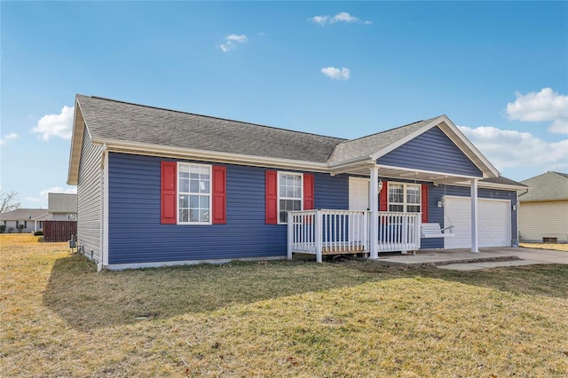 single story home featuring a garage, covered porch, a shingled roof, driveway, and a front lawn