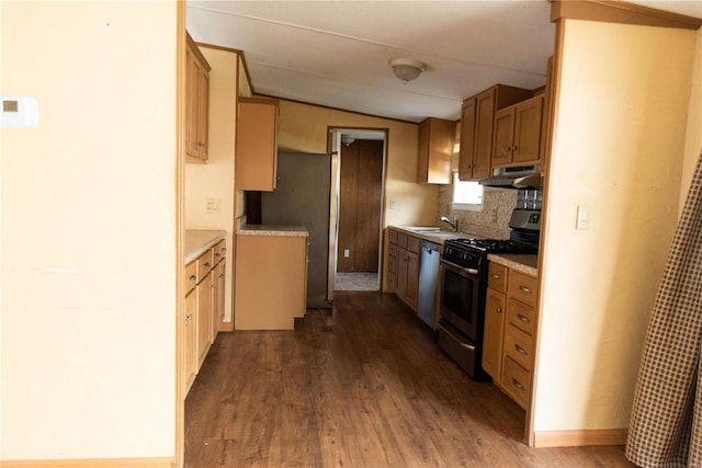 kitchen with dark wood finished floors, under cabinet range hood, appliances with stainless steel finishes, and vaulted ceiling