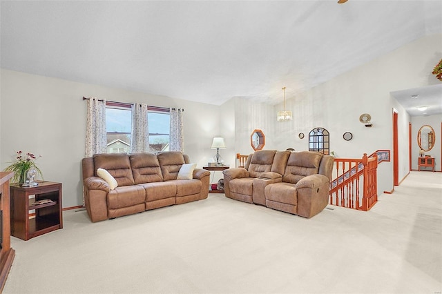 carpeted living area featuring lofted ceiling