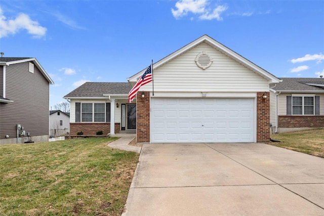 ranch-style house featuring a garage, concrete driveway, brick siding, and a front lawn