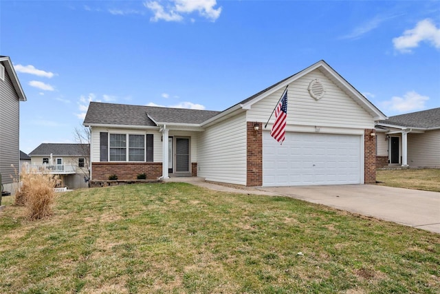 ranch-style home with a garage, concrete driveway, brick siding, and a front yard